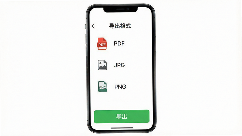 һ���ֻ����棬��ʾ��������ʽ��ѡ��б����С�PDF������JPG������PNG������ͼ�꣬�·���һ����ɫ�ġ���������ť��������Ƽ�Լ�������������������ף�����ִ�UI�����ʸ��壬�޶���װ��