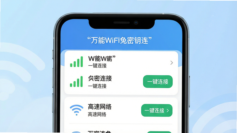 ����Ϊ�ֻ���Ļ���棬��ʾ������WiFi����Կ����Ӧ�õ���ҳ������Ϊ�б�ʽWi-Fi�ź�չʾ���Ű��������࣬���Ϊ��ƽ���Ƽ��У�ϸ�ڰ�����ɫ�ź�ǿ��ͼ���һ�����Ӱ�ť�����ʸ��壬�ɾ����޶���Ԫ�أ�����Ϊǳ��ɫ���䣬���ּ����š�����WiFi����Կ������һ�����ӡ����������硱