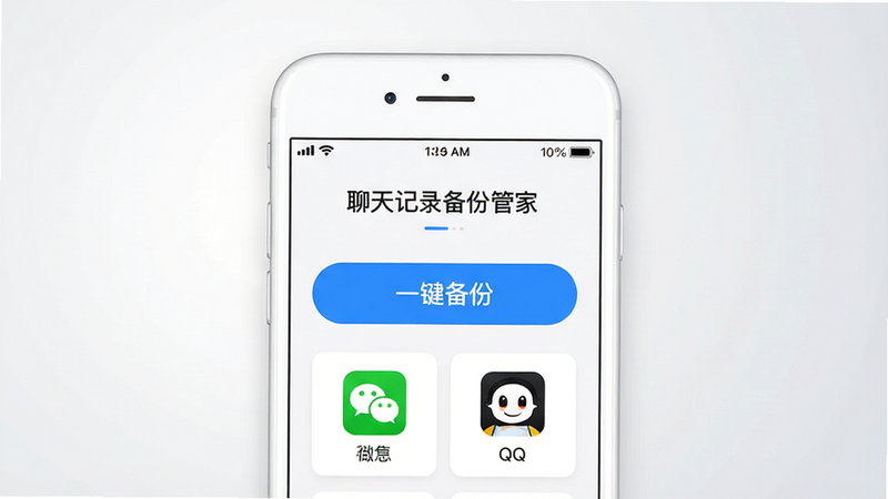 生成一张高清手机应用界面展示图,主体为一部白色智能手机,屏幕显示“聊天记录备份管家”APP首页,界面包含醒目的“一键备份”蓝色大按钮,下方有微信、QQ的图标选项,背景为干净的浅灰色渐变,布局居中,排版清晰,风格简约现代,细节丰富,画质高清,无多余元素,文字内容包含