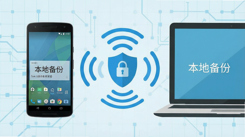 生成一张技术概念示意图,主体为一部安卓手机和一个笔记本电脑,两者之间通过蓝色的无线信号波连接,中间有一个盾牌图标代表安全,背景为淡蓝色科技网格,布局平衡,排版简洁,风格扁平化,细节清晰,画质高,无多余元素,文字内容包含