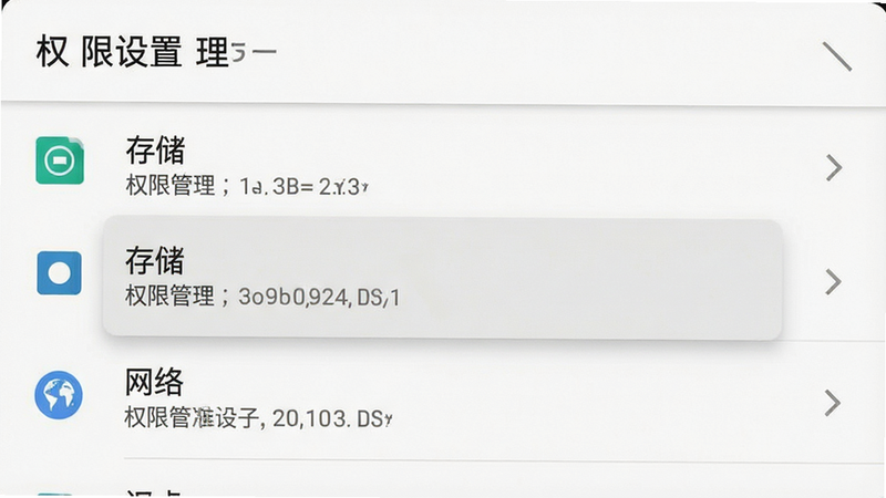 生成一张设置权限的手机截图示意,主体为安卓系统设置界面,显示“权限管理”列表,高亮显示“存储”和“网络”选项,背景为白色,布局标准,排版清晰,风格系统原生,细节真实,画质高,无多余元素,文字内容包含