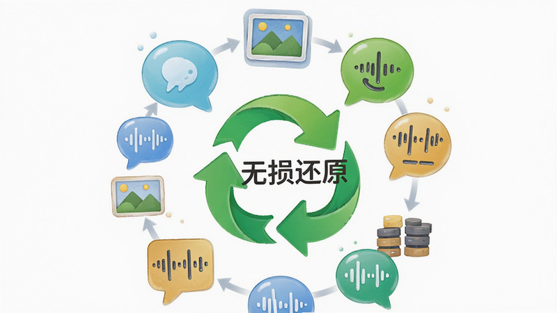 生成一张数据还原流程插画,主体是一个绿色的循环箭头图标,周围环绕着气泡、图片、语音波形等小图标,背景为白色,布局呈环形排列,排版紧凑,风格清新,细节生动,画质清晰,无多余元素,文字内容包含