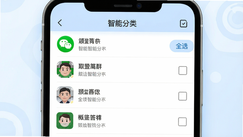 生成一张分类管理界面UI设计图,主体是手机屏幕内的列表视图,显示微信头像和群聊名称,右侧有复选框和“全选”按钮,背景为浅蓝色,布局整齐,排版规范,风格专业,细节精致,画质高清,无多余元素,文字内容包含