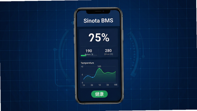 主体为Sinota BMS应用界面预览图,布局采用居中构图,背景为深蓝色科技感网格,中央显示手机屏幕,屏幕内清晰展示电池电量百分比、电压数值和温度曲线图表,顶部有“Sinota BMS”白色标题文字,底部有绿色“健康”状态标签,风格为扁平化现代UI设计,细节丰富,高清8k画质,干净无多余元素