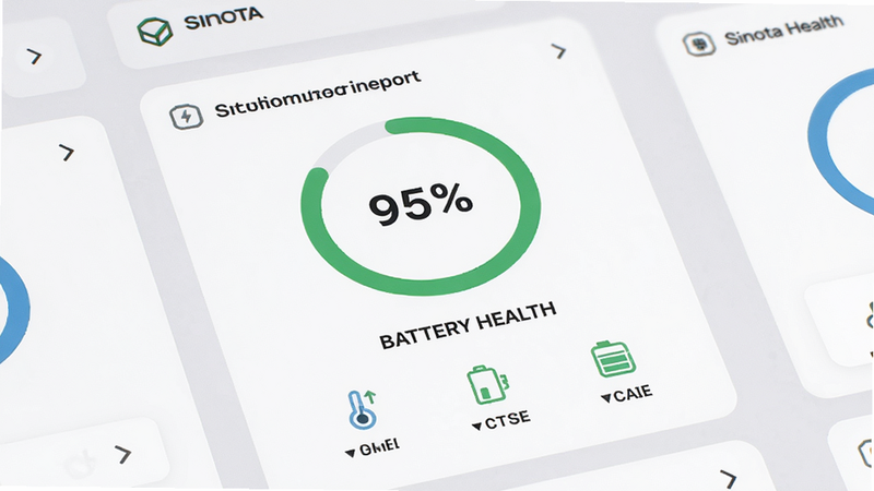 主体为Sinota BMS电池健康度报告界面,布局为卡片式排列,中央显示一个环形进度条表示95%健康度,下方有三个小图标分别代表温度、电压、容量,文字“Battery Health”清晰可见,风格为清新简约,背景为浅灰色,细节精致,高清渲染,干净利落