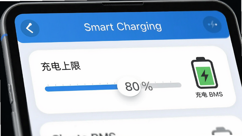主体为Sinota BMS充电设置界面,布局为列表形式,显示“充电上限”选项,滑块停在80%位置,旁边有电池图标显示充电状态,文字“Smart Charging”位于顶部,风格为现代扁平化,色彩以蓝白为主,细节平滑,高清画质,无多余装饰