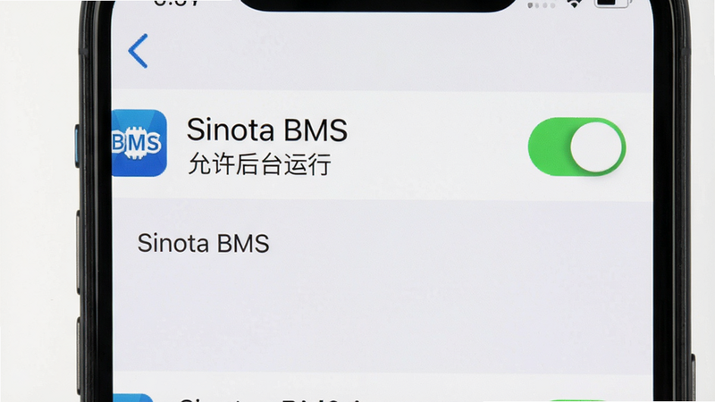 主体为手机设置界面截图,布局为列表形式,显示“Sinota BMS”应用,右侧开关已开启,文字“允许后台运行”清晰可见,风格为系统原生UI,细节真实,高清画质,干净背景