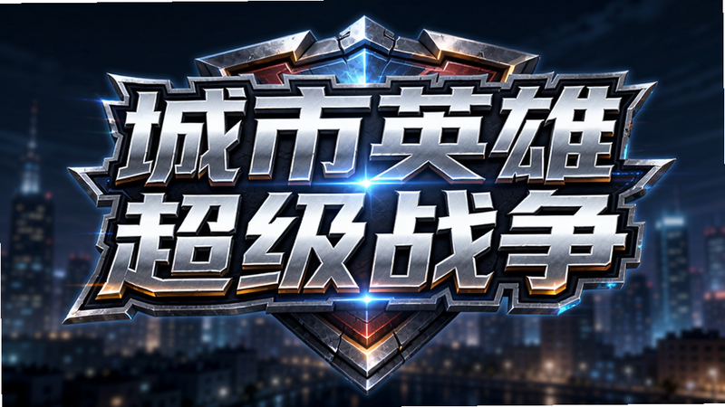 主体为游戏《城市英雄超级战争》的标题Logo,布局居中,排版简洁大气,风格为现代科技感与超级英雄元素结合,细节包含发光特效和金属质感,画质8k高清,背景为模糊的城市夜景,干净无多余元素,文字内容