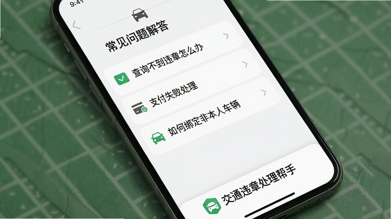 ����һ���ֻ�APP�����ͼ����ʾ�����������𡱰�飬�б��а�������ѯ����Υ����ô�족����֧��ʧ�ܴ�����������ΰ󶨷Ǳ��˳���������Ŀ��������ˬ����������������Ϊ��ɫ���ײ��С���ͨΥ�´������֡�Logo�����壬UI��Ʒ��