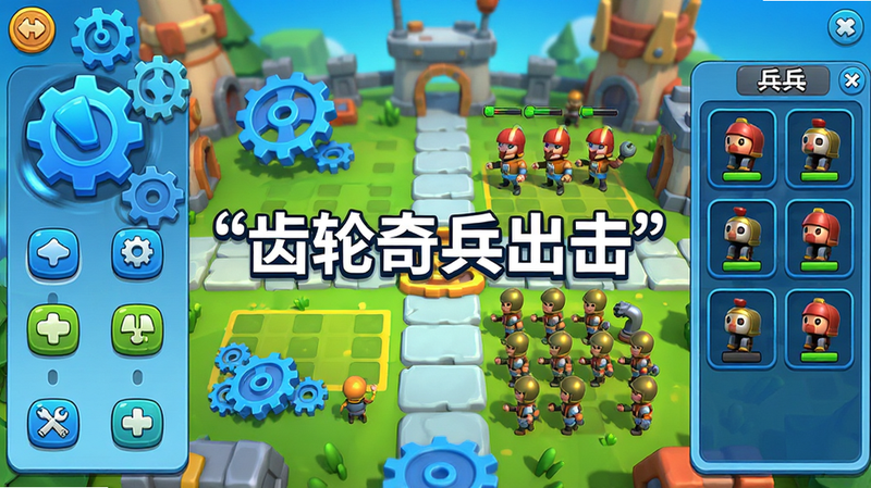 主体为《齿轮奇兵出击》游戏主界面全景图,布局清晰展示左侧操作区、中央战场与右侧兵种栏,排版紧凑有序,风格为明亮卡通3D渲染,细节包含旋转的蓝色齿轮、排列整齐的小兵队伍以及清晰的UI按钮,画质高清锐利,干净无多余元素,画面中央有引号文字“齿轮奇兵出击”