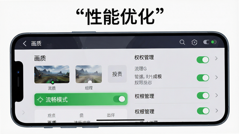 主体为手机屏幕显示游戏设置界面,布局展示画质选择、权限管理列表,排版简洁明了,风格为现代科技UI风,细节包含高亮的“流畅模式”选项、绿色的权限开关图标,画质清晰,干净,无多余元素,画面顶部有引号文字“性能优化”