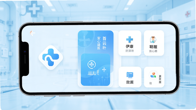 伊康云医App主界面全景图,展示手机端屏幕,背景为浅蓝色医疗科技风,主体为应用Logo及核心功能入口卡片,布局清晰,排版整齐,风格现代简约,细节清晰,高清画质,干净,无多余元素