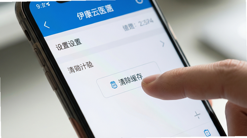 伊康云医手机端操作界面特写,展示设置页面,手指点击“清除缓存”按钮,背景虚化,焦点清晰,风格写实,细节逼真,高清画质,干净,无多余元素