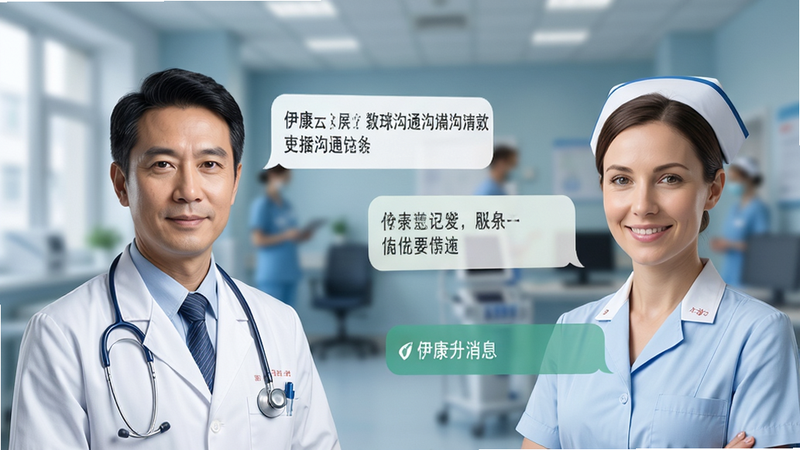 伊康云医消息沟通界面预览,左侧为医生头像,右侧为护士头像,对话气泡清晰,背景模糊处理突出前景,风格专业严谨,细节丰富,高清画质,干净,无多余元素