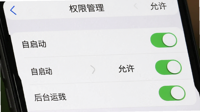 主体为手机设置界面截图展示权限管理,布局包含权限列表与开关按钮,排版清晰,风格系统原生UI,细节显示“自启动”、“后台运行”选项,画质清晰,干净,无多余元素,文字包含