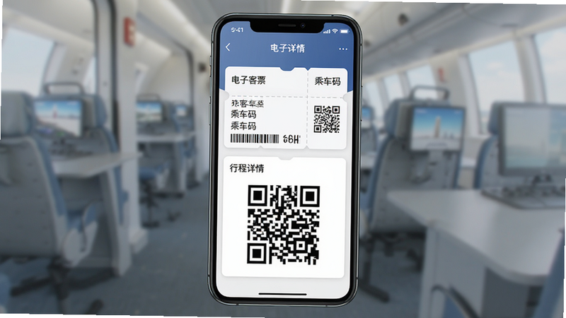 主体为手机界面展示电子客票详情页,布局包含车票样式卡片与二维码区域,排版模仿实体车票但更数字化,风格商务简洁,细节显示条形码与乘客信息,画质清晰,干净,无多余元素,文字包含