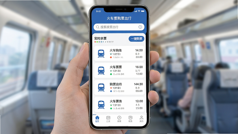 主体为手机屏幕显示“火车票购票出行”APP界面,布局清晰包含顶部搜索栏、中部车次列表卡片、底部功能导航,排版整齐,风格简约现代,细节显示清晰的列车图标与时间信息,画质高清,干净,无多余元素,文字包含