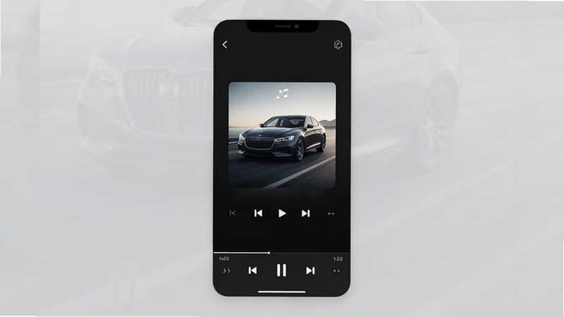 汽车音乐歌曲 App 的主界面预览,深色模式背景,中央显示正在播放的专辑封面,底部有简洁的播放控制条,界面风格现代简约,高清,干净,无多余元素
