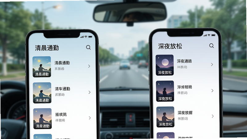 展示汽车音乐歌曲 App 的场景化推荐功能,左侧显示“清晨通勤”歌单列表,右侧显示“深夜放松”歌单列表,背景为模糊的车窗外景色,色调清新,高清,干净
