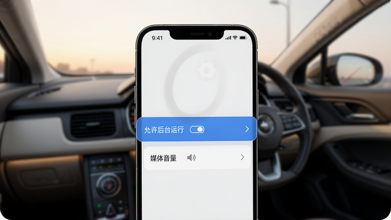 手机设置界面示意,突出显示“允许后台运行”和“媒体音量”设置选项,背景为汽车驾驶舱,光线柔和,高清,干净
