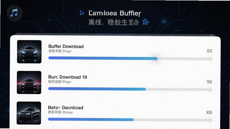 汽车音乐歌曲 App 的下载管理界面,显示多个歌曲正在缓冲下载的进度条,背景为深色科技风,强调离线下载的速度与稳定性,高清,干净,无多余元素