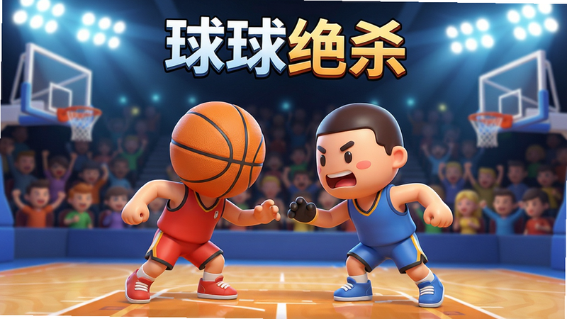 一张展示《球球绝杀》游戏核心界面的高清渲染图,主体为两个卡通风格篮球角色在球场中央对抗,背景是模糊的观众席和明亮的球场灯光,布局对称,排版简洁,风格为现代3D卡通渲染,细节丰富,画质清晰,干净无多余元素,文字标注
