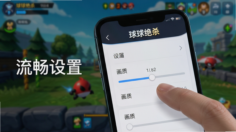 手机屏幕上显示《球球绝杀》的设置界面,手指正在调整画质选项,背景为模糊的游戏场景,布局聚焦于设置菜单,风格简洁现代,细节清晰,画质高,干净,文字标注