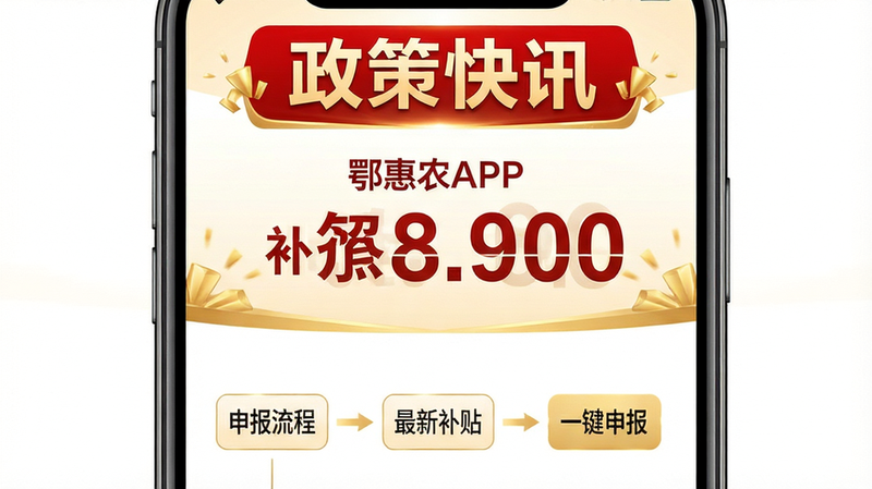 主体为手机屏幕显示的政策详情页,布局上方为醒目的红色“政策快讯”标题,中间为大号字体的补贴金额数字,下方为申报流程图示,排版重点突出,风格为权威官方资讯风,细节处有金色点缀象征收益,画质清晰,干净,无多余元素,文字包含“鄂惠农APP”、“最新补贴”、“一键申报”