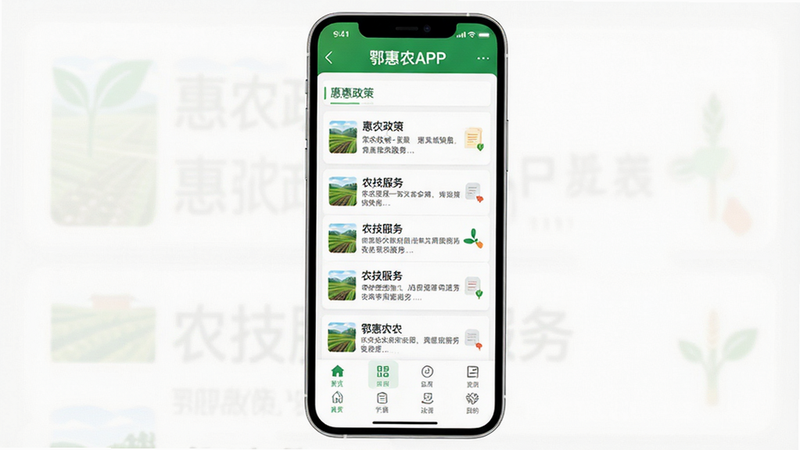 主体为鄂惠农APP的手机界面全屏展示,布局清晰分为顶部导航栏、中部政策公告列表、底部功能网格菜单,排版整洁有序,风格为现代扁平化商务风,细节处体现绿色农业元素与白色背景搭配,画质高清,干净,无多余元素,文字包含“鄂惠农APP”、“惠农政策”、“农技服务”