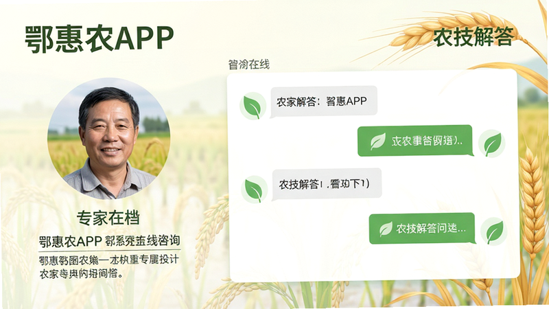 主体为农技专家指导界面,布局左侧为专家头像与简介,右侧为问答交互区,背景隐约可见稻田与麦穗元素,排版简洁明了,风格为亲切专业的咨询风,细节处体现对话气泡与绿色叶子图标,画质柔和,干净,无多余元素,文字包含“鄂惠农APP”、“专家在线”、“农技解答”