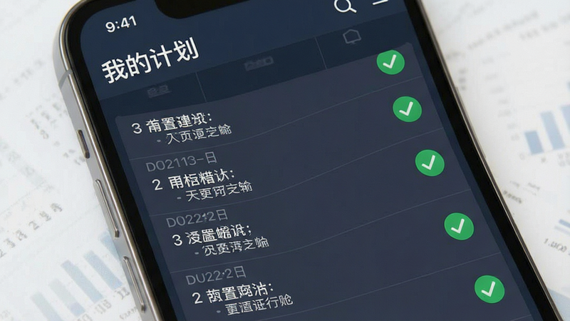 一张手机界面示意图,显示“我的计划”模块,列表形式展示不同日期的目标设置,文字清晰可读,布局整齐,风格简约商务,细节处有绿色对勾图标,画质清晰,无杂乱背景
