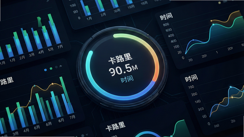 一张数据仪表盘风格的概念图,中心是圆形进度条,周围环绕着柱状图和折线图,显示运动数据,文字标签为“卡路里”、“时间”,布局紧凑有序,风格现代科技感,细节锐利,画质极高,干净