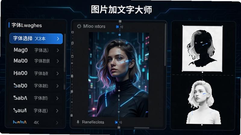 展示“图片加文字大师”核心功能的拼图,左侧是字体选择列表,中间是正在编辑的图片,右侧是抠图效果对比,布局平衡,风格科技感,细节清晰,画质4k,干净无多余元素