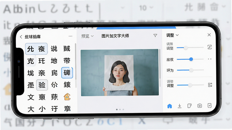 一张高清的手机应用界面展示图,主体是“图片加文字大师”的操作界面,布局清晰分为左侧字体库、中间预览区、右侧调整栏,排版整齐,风格现代简约,细节丰富,画质高清,干净无多余元素