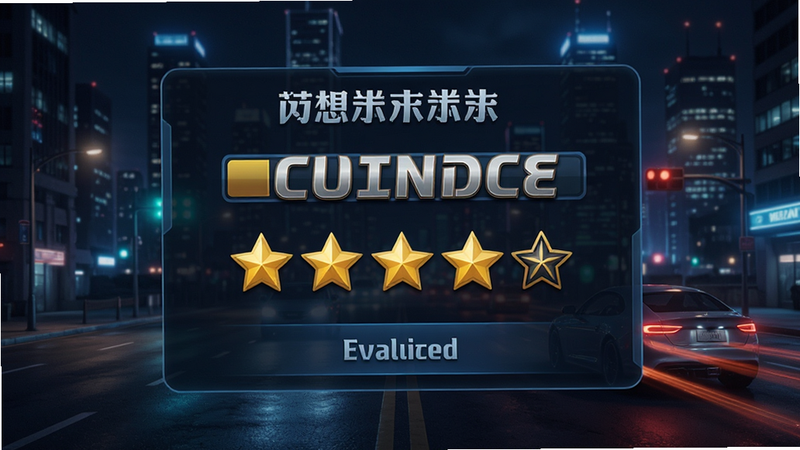 主体为游戏内的驾驶评分界面,显示满分评价和星级,背景是城市夜景,布局居中,排版美观,风格为游戏UI,细节清晰,画质高清,干净,无多余元素