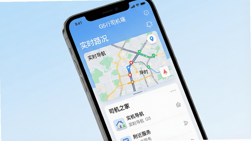 一张高清手机屏幕界面展示图,主体为G5行司机端APP首页,背景为浅蓝色渐变,中央突出显示“实时路况”地图模块和“司机之家”列表,界面风格简约现代,字体清晰,无多余装饰,画质高清,干净利落,文字内容包含