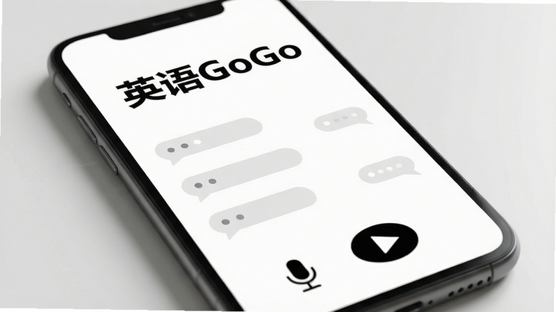手机屏幕特写,展示“英语GoGo”APP主界面,白色背景,顶部清晰显示“英语GoGo”黑色大字标题,中间为简洁的对话气泡列表,底部为麦克风图标和播放按钮,整体风格极简现代,高清渲染,无多余装饰元素