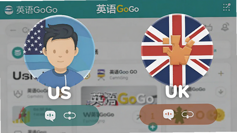 两个并排的头像图标,分别标注“US”和“UK”,背景为“英语GoGo”界面,下方显示切换按钮,设计简洁,色彩对比鲜明,高清矢量图