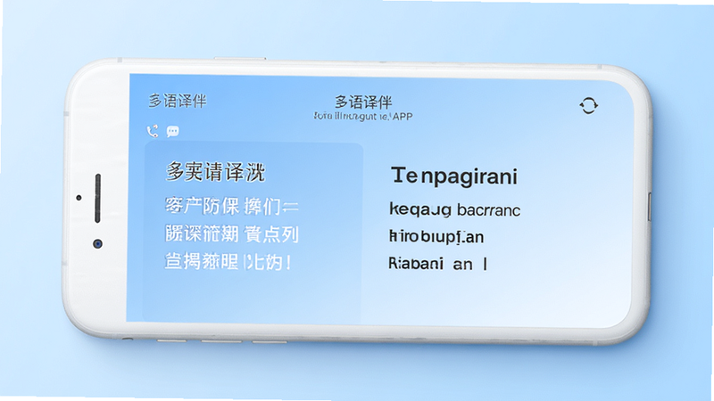 主体为一部白色智能手机,屏幕显示“多语译伴”APP界面,背景为干净的浅蓝色渐变,布局呈现左侧中文右侧英文的对译效果,排版整齐,风格为现代极简科技风,细节处有柔和的光影效果,画质高清,干净无多余元素