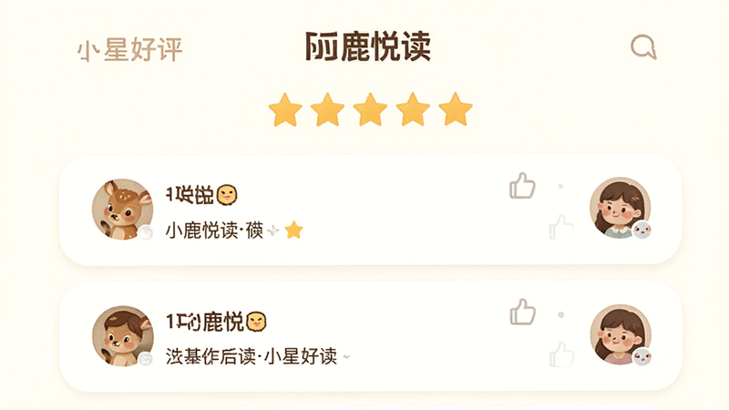 “小鹿悦读”用户评价界面预览,主体为星级评分和文字评论列表,布局为卡片式,排版整齐,风格温馨友好,细节包含点赞图标和用户头像,画质清晰,干净,无多余元素,文字显示为