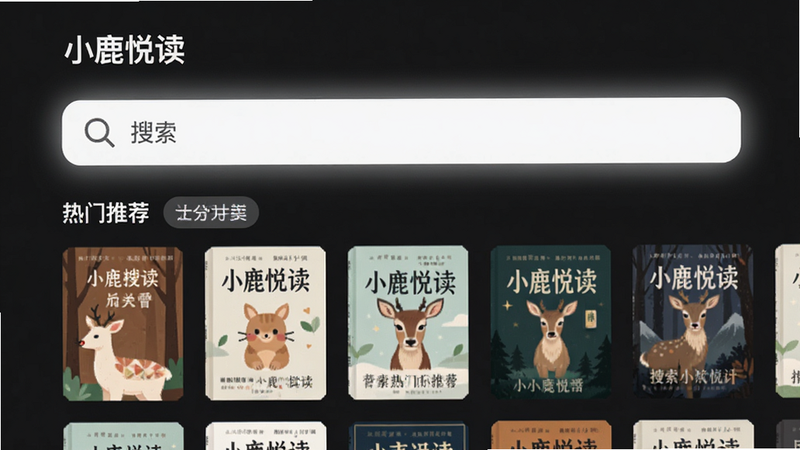 “小鹿悦读”搜索功能界面预览,主体为搜索框高亮显示,下方列出多个书籍封面卡片,布局为网格状,排版紧凑,风格现代扁平化,细节包含搜索图标和分类标签,画质清晰,干净,无多余元素,文字显示为