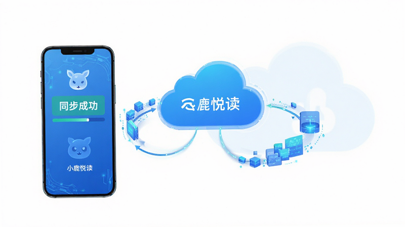 “小鹿悦读”云端同步功能示意图,主体为手机与云图标连接,布局中心对称,排版简洁,风格科技感蓝色调,细节包含同步进度条和数据流动画效果,画质高清,干净,无多余元素,文字显示为