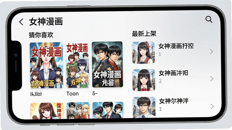 手机屏幕显示“女神漫画”APP的推荐页面,左侧是“猜你喜欢”栏目,展示几个热门漫画封面,右侧是“最新上架”列表,背景为浅灰色渐变,界面元素清晰,字体为无衬线黑体,图标扁平化设计,整体布局整齐,高清,干净,无多余元素