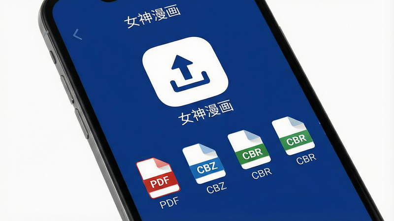 手机屏幕显示“女神漫画”APP的文件导入界面,中间有一个大的上传图标,下方列出支持的文件格式图标,包括PDF、CBZ、CBR等,背景为深蓝色,图标设计简洁,文字说明清晰,整体风格专业且友好,高清,干净,无多余元素