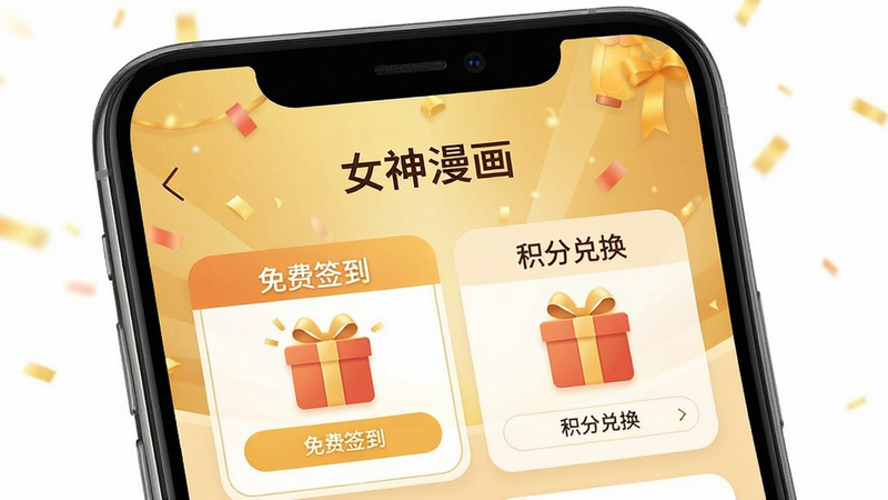 手机屏幕显示“女神漫画”APP的会员中心页面,展示“免费签到”和“积分兑换”选项,背景为金色渐变,突出免费福利信息,图标为礼物盒形状,整体风格喜庆且诱人,高清,干净,无多余元素