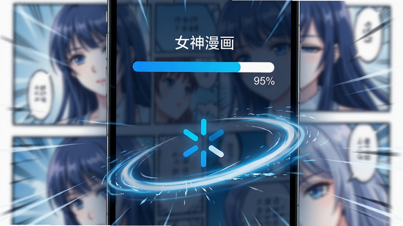 手机屏幕显示“女神漫画”APP正在加载漫画页面的过程,进度条显示95%,背景是模糊的漫画场景,前景有一个动态的加载图标,周围环绕着速度感的线条,象征快速加载,色彩以蓝色和白色为主,体现科技感与速度感,高清,干净,无多余元素