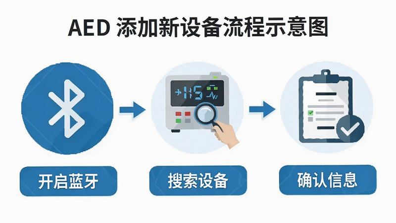 My AED添加新设备流程示意图,分步展示“开启蓝牙”、“搜索设备”、“确认信息”三个步骤,图标化设计,简洁明了,帮助用户快速理解操作流程,扁平化风格