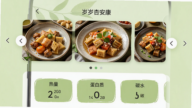 ����Ϊ�ֻ�����չʾ�������Ӱ���������ʳ�Ƽ�ҳ�棬�Ϸ��Ǿ�����ʳ��ͼƬ�ֲ����·��ǡ����������������ʡ�����̼ˮ����Ӫ�����ݱ�ǩ������Ϊǳ��ɫ��������Ȼ��������������½ṹ���������������Ȼ��ϸ��չʾʳ��ĸ����ʸУ����ʸ��壬�ɾ����޶���Ԫ��
