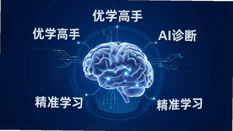 主体为优学高手手机应用界面,背景为深蓝色科技风格,中心展示一个发光的3D大脑模型,周围环绕着“优学高手”、“AI诊断”、“精准学习”等白色悬浮文字,布局呈中心放射状,排版简洁现代,风格为扁平化科技感,细节包含数据流线条连接大脑节点,画质高清,干净,无多余元素