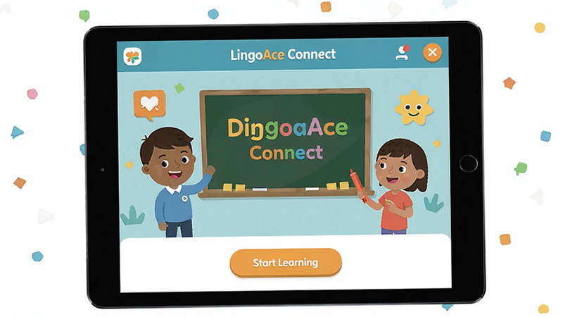 һ��չʾLingoAce ConnectӦ��������ĸ������ͼ������Ϊƽ�������Ļ����ʾ��ɫ�����޵�Ӣ����ý��棬������ͨ��ɫ�ͻ�����ť�����־��У��Ű����࣬���Ϊ�ִ���ƽ��UI��ƣ�ϸ�ڷḻ�������������ɾ��޶���Ԫ�أ�������ʾΪ